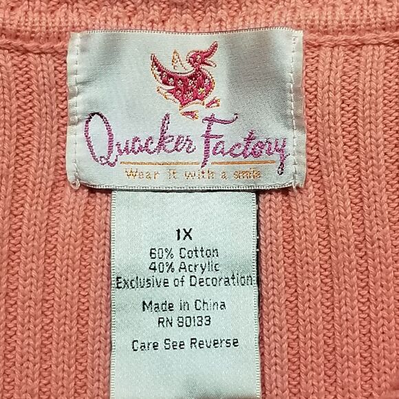 Quacker Factory 1X Cardigan Sweater Full Zip Jeweled Rib Knit Classic Coral Pink - Picture 5 of 9